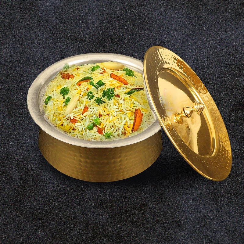 Spillbox Putrika Brass Kitchen Appliances Cooking Serving Pot Pan|Biryani Handi|Urli|Serveware|Tope |Patila|Cookware Bowl|Cooking Bowl Set with Lid- Hammered Lagan (Large) - Image 3