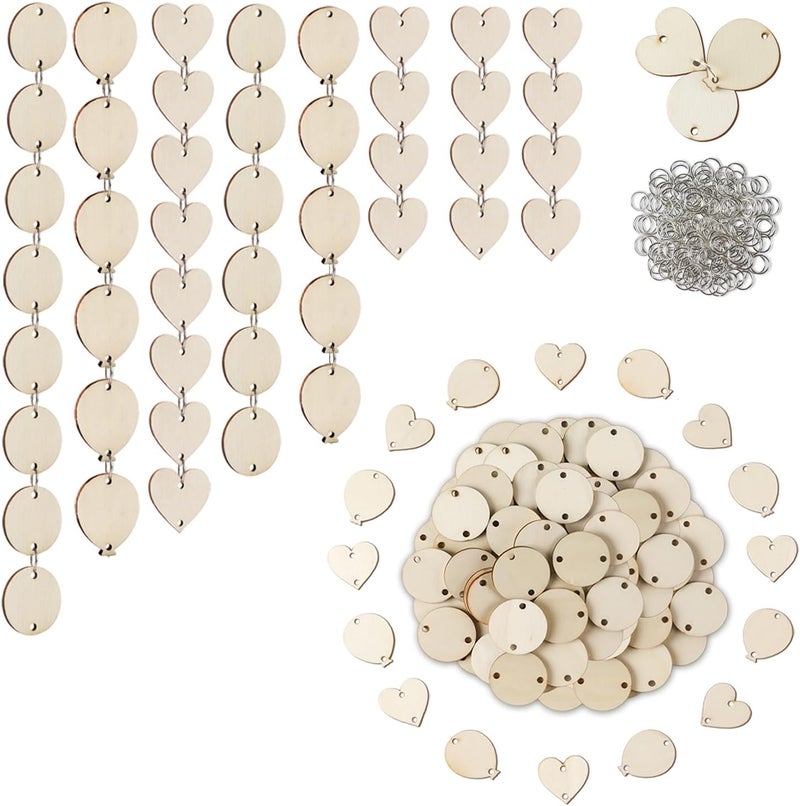 Longan Craft علامات عيد ميلاد العائلة، علامات خشبية على شكل قلب ودائرة وبالون مع ثقوب وحلقات، إجمالي 210 قطعة للوحة عيد ميلاد العائلة، عيد الحب، لوحة المهام، الحرف الخشبية - Image 1