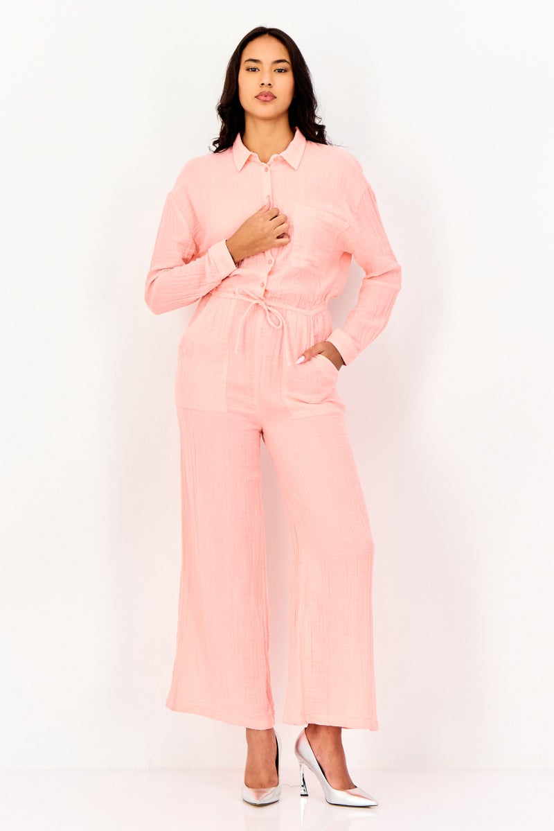 promod Women Long Sleeve Plain Tie Waist Jumpsuit, Peach - Image 1
