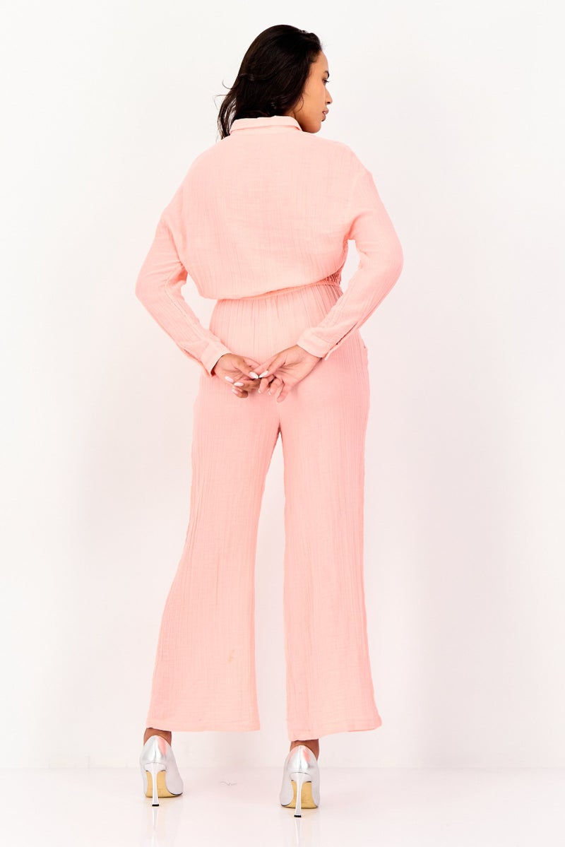 promod Women Long Sleeve Plain Tie Waist Jumpsuit, Peach - Image 2