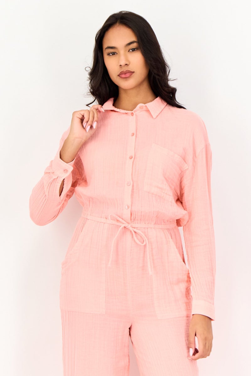 promod Women Long Sleeve Plain Tie Waist Jumpsuit, Peach - Image 4