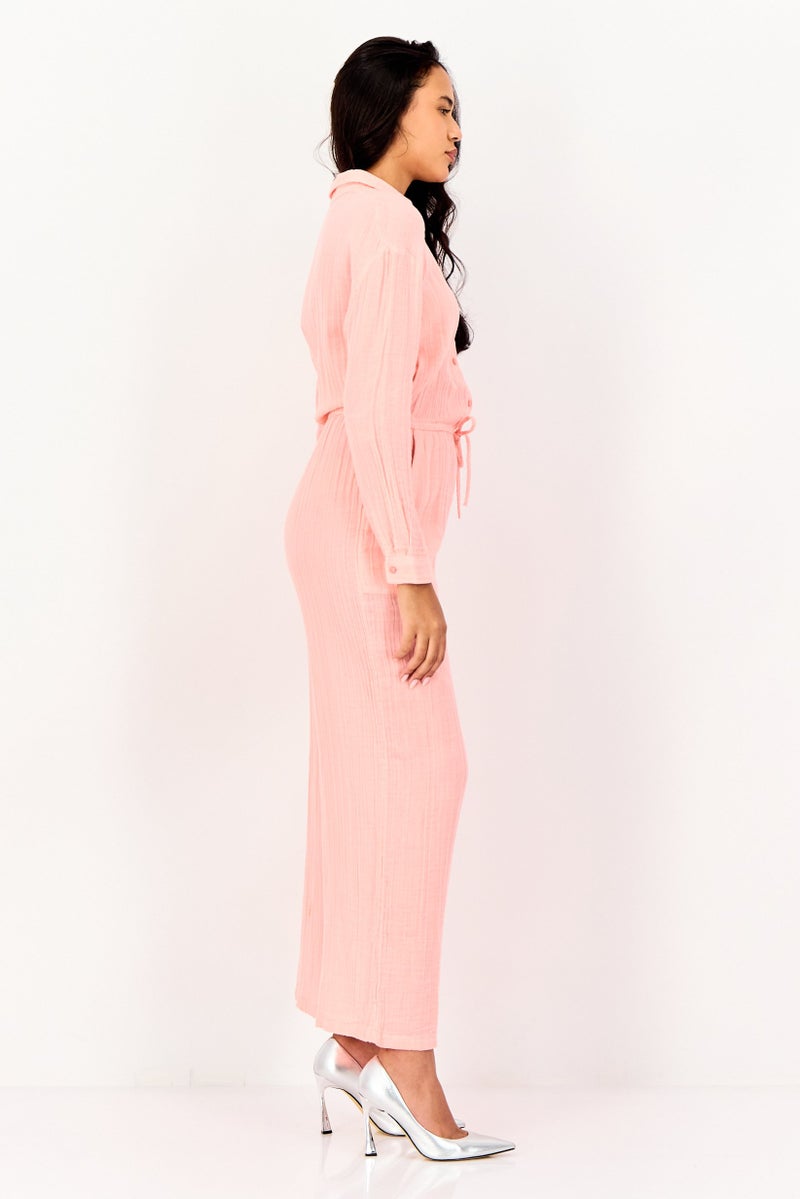 promod Women Long Sleeve Plain Tie Waist Jumpsuit, Peach - Image 3
