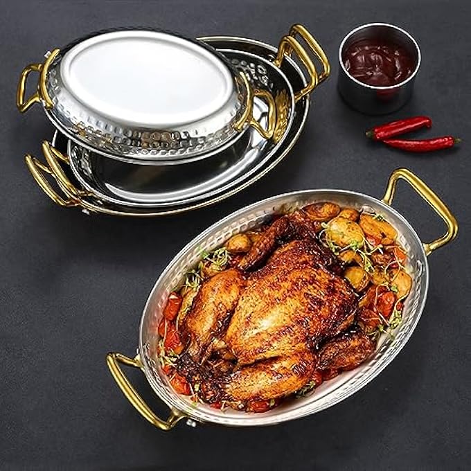 rayihni 304 Stainless Steel Oval Spanish Paella Pan Hand Hammered Seafood Paella Pot Non Stick Paella Dish Cookware With Dual Handle For Homes Or RestaurantsRose Gold14Cm - Image 3