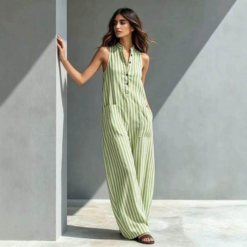 Women's Loose V-Neck Long Striped Jumpsuit - Image 1