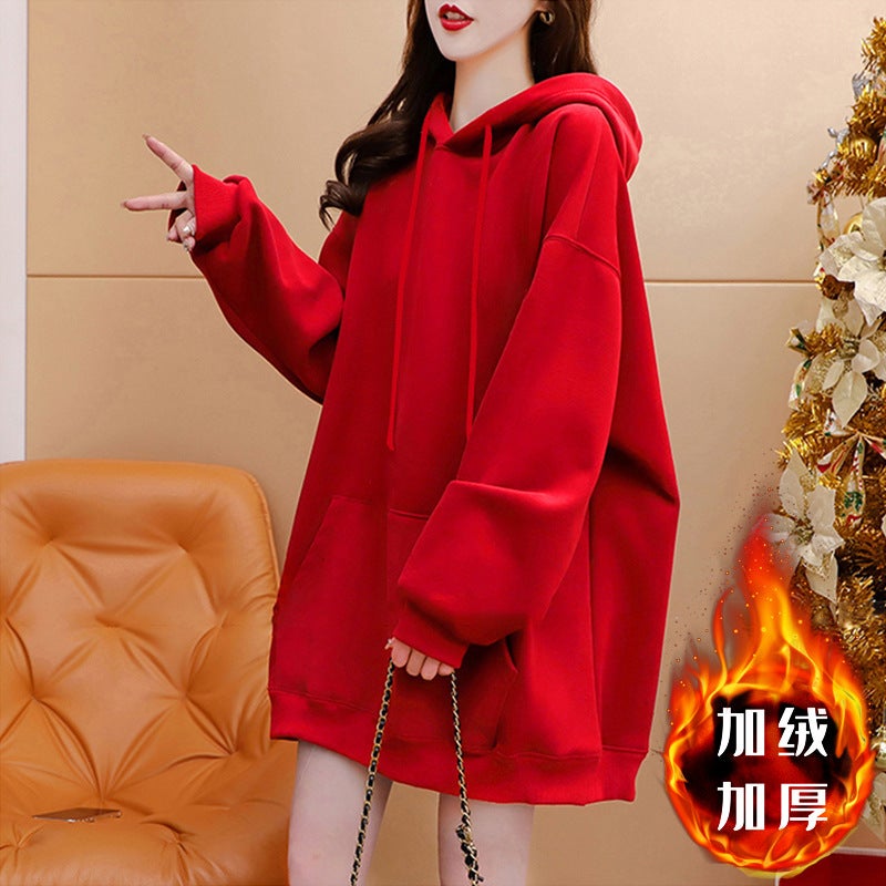 Winter Hooded Velvet Sweatshirt Womens Oversized Coat Red