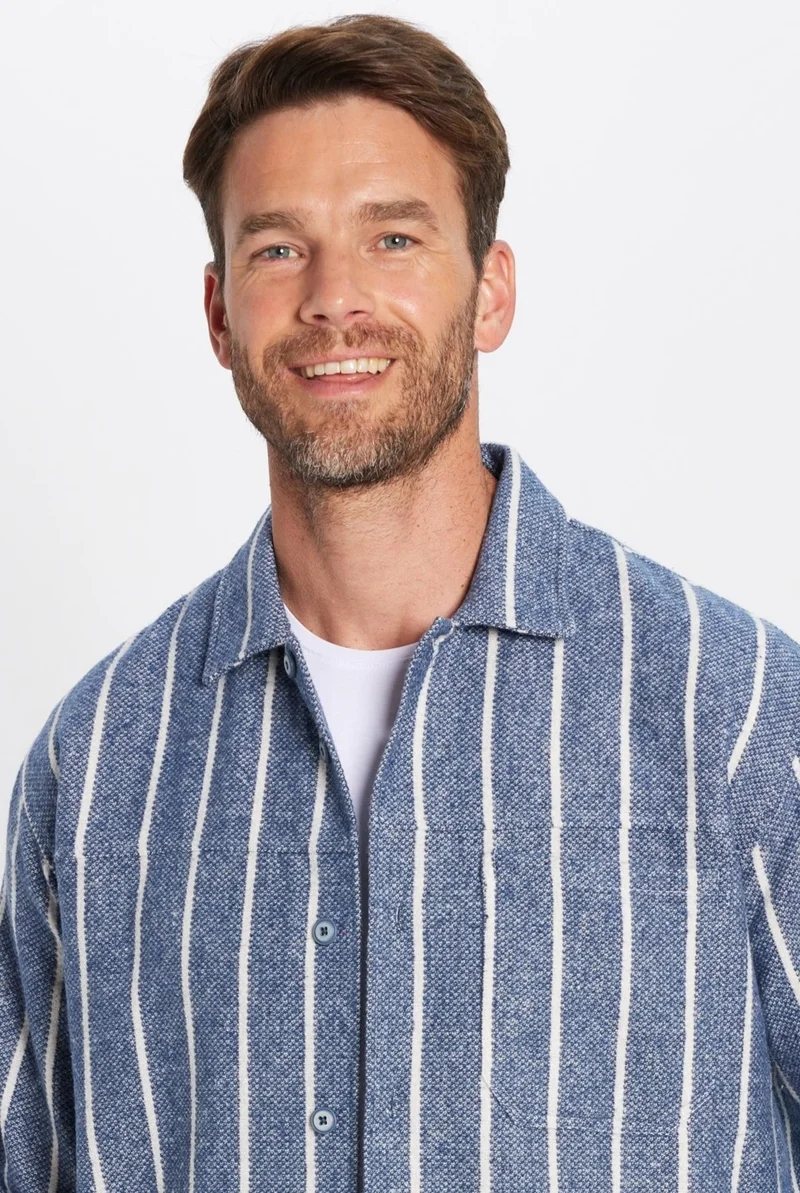 Tudors Men's Relax Fit Casual Cut Lumberjack Single Pocket Striped Blue Winter Coat Shirt