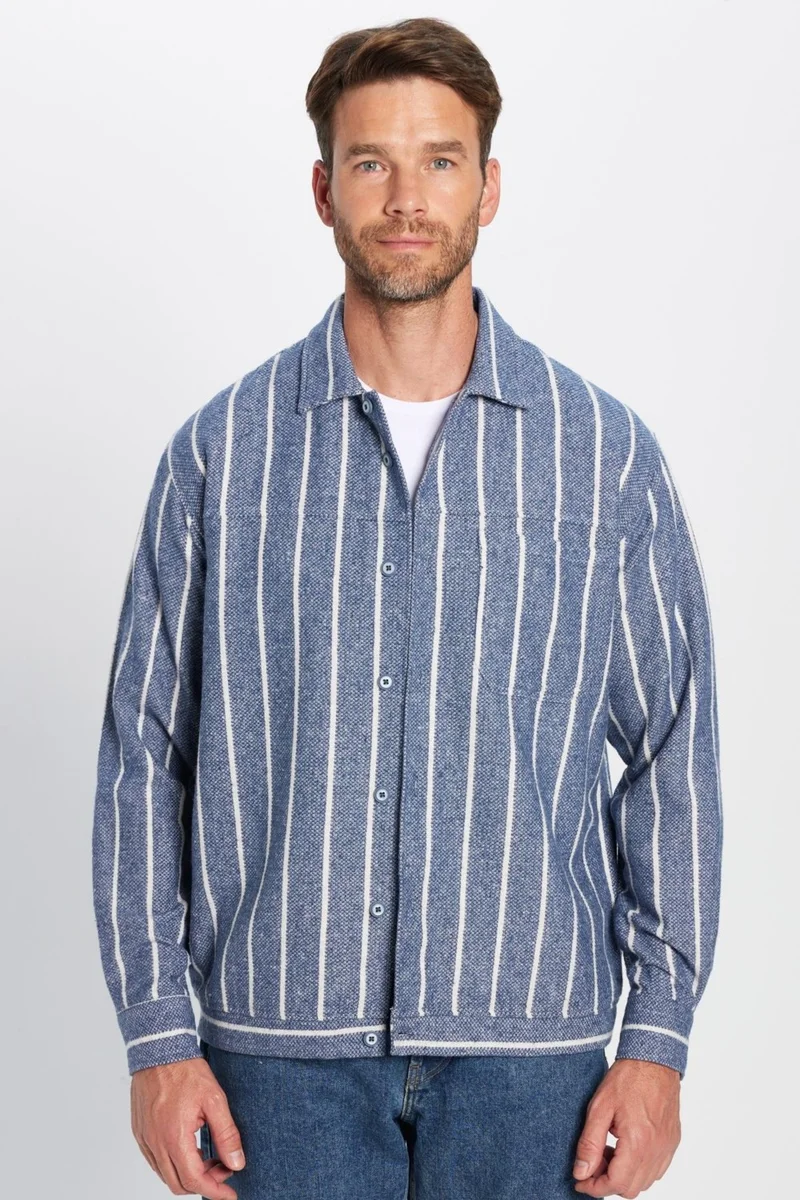 Tudors Men's Relax Fit Casual Cut Lumberjack Single Pocket Striped Blue Winter Coat Shirt