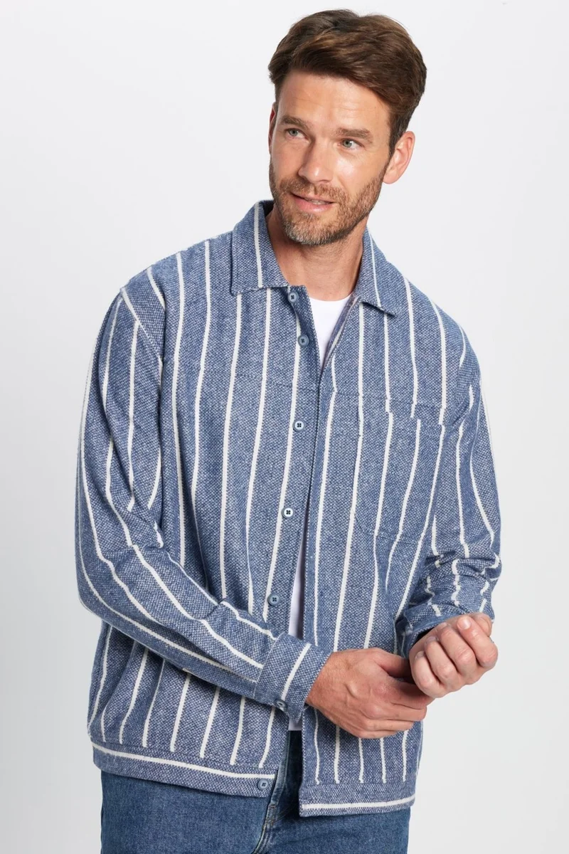 Tudors Men's Relax Fit Casual Cut Lumberjack Single Pocket Striped Blue Winter Coat Shirt