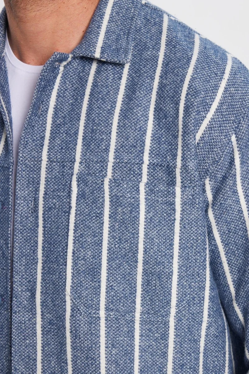 Tudors Men's Relax Fit Casual Cut Lumberjack Single Pocket Striped Blue Winter Coat Shirt