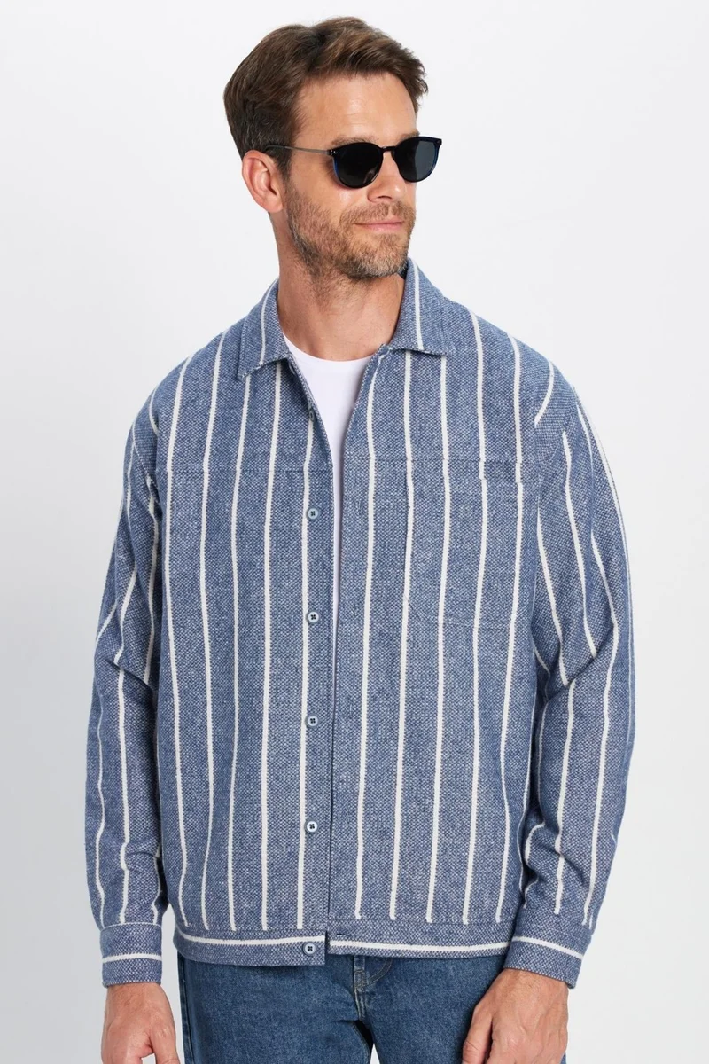 Tudors Men's Relax Fit Casual Cut Lumberjack Single Pocket Striped Blue Winter Coat Shirt