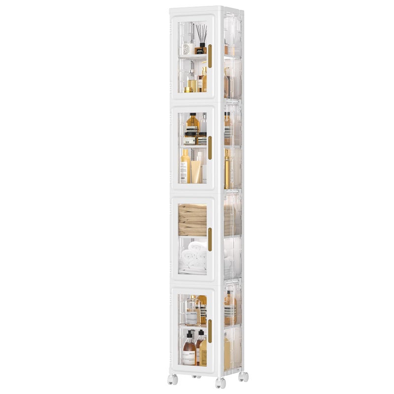 VECELO 4 Tier Tall Plastic Slim Storage Cabinet with Lockable Wheels, Adjustable Shelves, Anti-Tip for Bathroom, Living Room, Laundry Room, Kitchen, Narrow/Small Space, Easy Assembly, Clear - Image 1