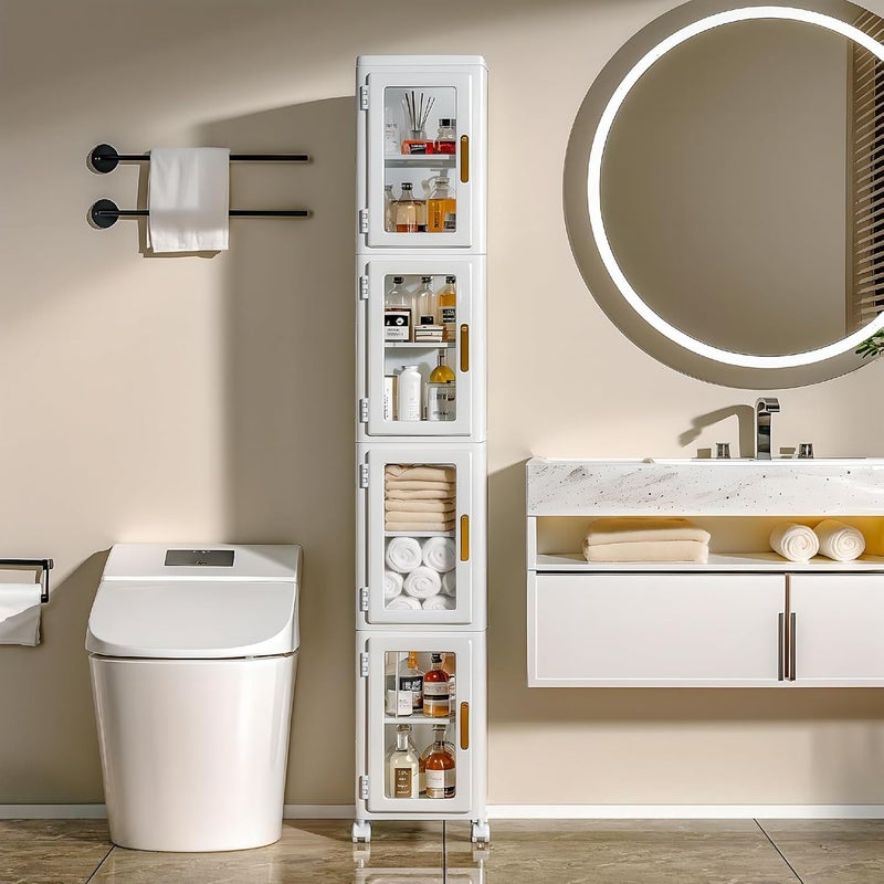 VECELO 4 Tier Tall Plastic Slim Storage Cabinet with Lockable Wheels, Adjustable Shelves, Anti-Tip for Bathroom, Living Room, Laundry Room, Kitchen, Narrow/Small Space, Easy Assembly, Clear - Image 2
