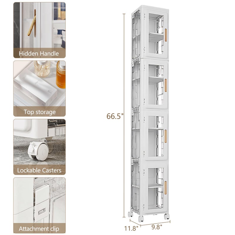 VECELO 4 Tier Tall Plastic Slim Storage Cabinet with Lockable Wheels, Adjustable Shelves, Anti-Tip for Bathroom, Living Room, Laundry Room, Kitchen, Narrow/Small Space, Easy Assembly, Clear - Image 3