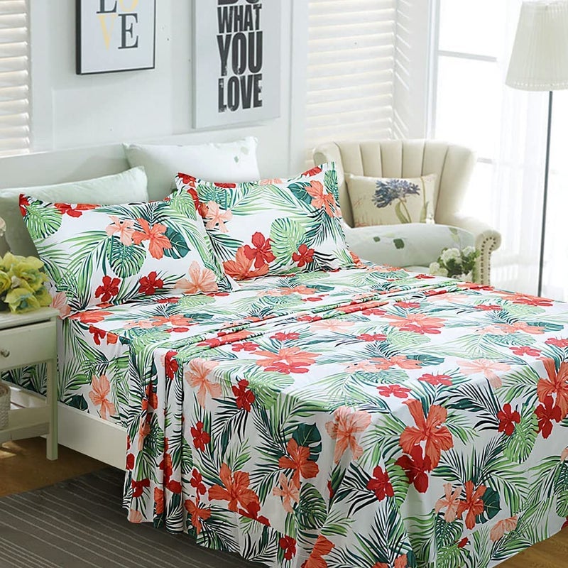 FADFAY Hawaiian Bedding Sheet Set Tropical Red Hibiscus Palm Leaves 100 Cotton Hypoallergenic Deep Pocket Fitted Sheet 4Pieces California King Size