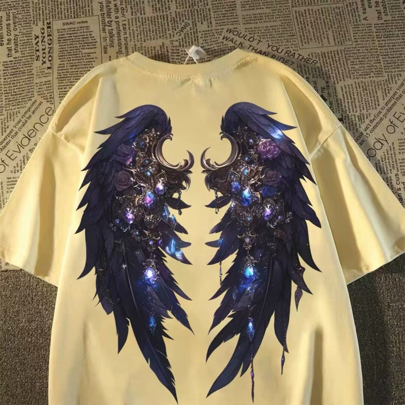 Summer American Retro Dark Wing Print Short-Sleeve T-Shirt For Boys And Girls, Oversized High Street Top For Older Children - Image 1