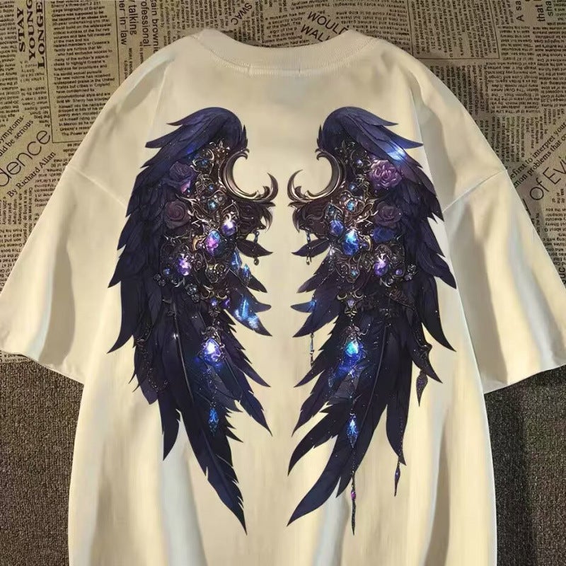 Summer American Retro Dark Wing Print Short-Sleeve T-Shirt For Boys And Girls, Oversized High Street Top For Older Children - Image 2
