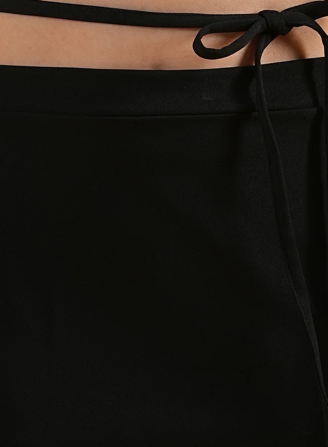 globus Globus Women Black Tie-Up Wrap Crop Top and Skirt Co-Ords