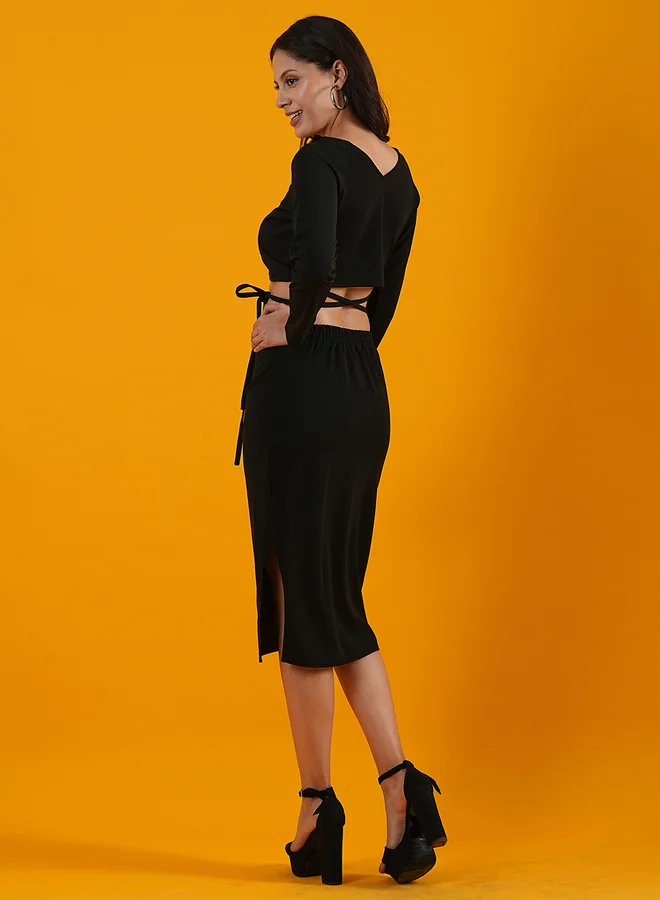 globus Globus Women Black Tie-Up Wrap Crop Top and Skirt Co-Ords