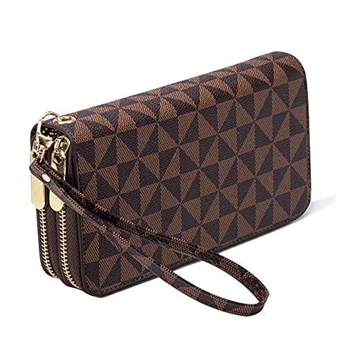 Veki Women's Wallet Double Zipper Pocket Wallets with Wrist Strap, Leather Credit Card Purse for Women Men (Brown) - Image 1