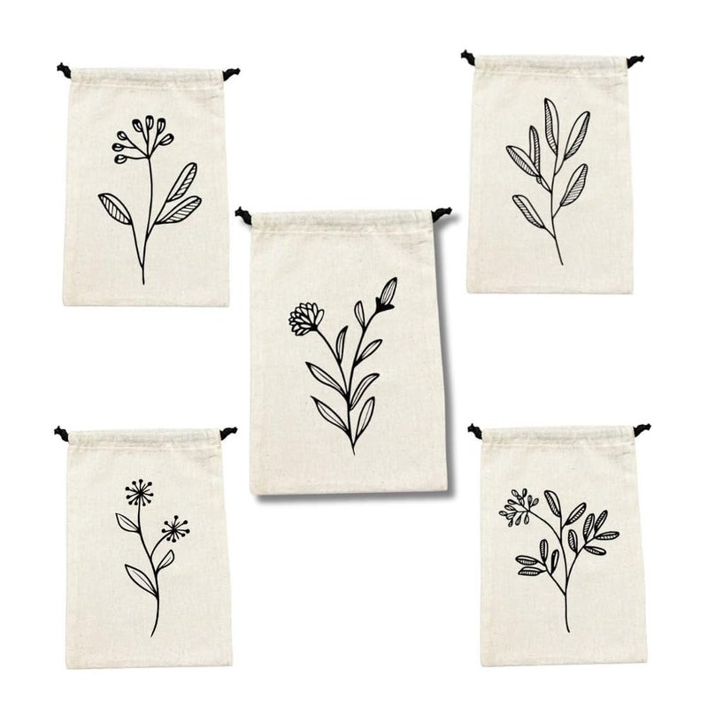 IVILLAGE IVILLAGE Drawstring Cotton Storage Potli Pouches with Floral Design For Small Jewelries Money Paper Notes Return Gift Bags Shagun Bags Off White Pack of 5