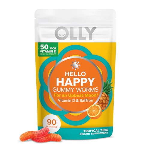 OLLY Hello Happy Gummy Worms Mood Balance Support Vitamin D Saffron Adult Chewable Supplement Gluten Free Tropical Zing 90 Count