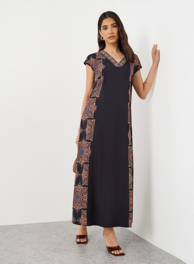 Take Two Contrast Printed V-Neck Short Sleeve Maxi Dress - Image 1