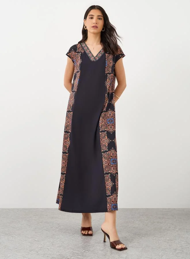 Take Two Take Two Contrast Printed V-Neck Short Sleeve Maxi Dress