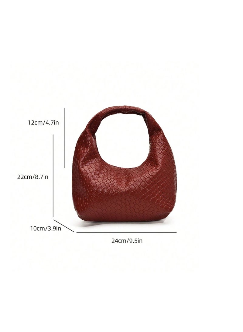 Shein Fashionable Crocheted Crescentic Handbag With Textured Pattern, Solid Color Casual Tote Bag, - Image 3