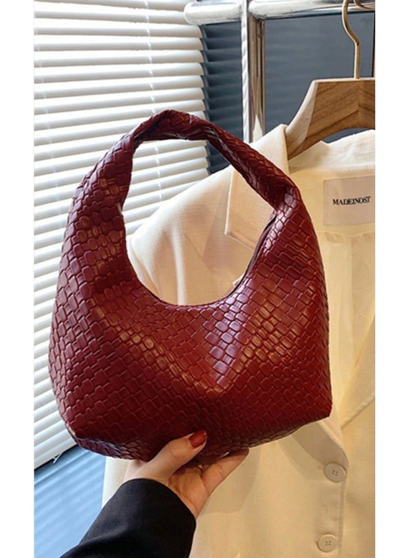 Shein Fashionable Crocheted Crescentic Handbag With Textured Pattern, Solid Color Casual Tote Bag, - Image 1