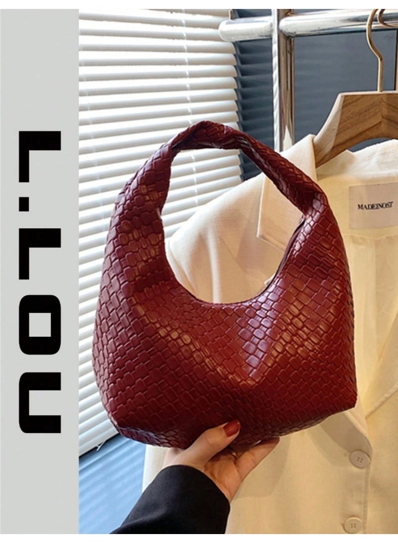Shein Fashionable Crocheted Crescentic Handbag With Textured Pattern, Solid Color Casual Tote Bag, - Image 2
