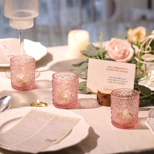Lanttu Pink Votive Candle Holder Set of 12, Flower Tea Lights Candles Holders for Wedding Table Centerpieces, Birthday Parties, Anniversary, Pink Bridal Shower and Holiday Decorations - Image 2