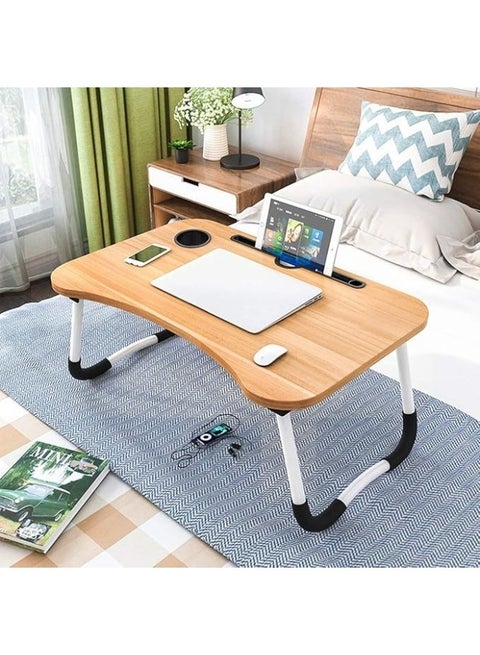 Foldable Laptop Table with Cup Holder and iPad (Length: 60cm * Width: 40cm) - Beige
