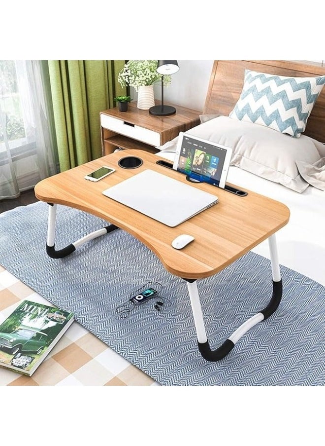 Happy Home - Foldable Laptop Table with Cup Holder and iPad (Length: 60cm * Width: 40cm) - Beige - Image 1