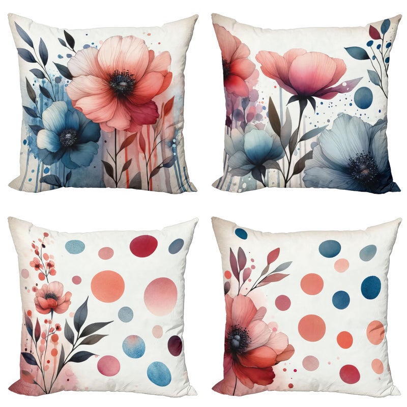 Ambesonne Floral Throw Pillow Cushion Cover Set of 4  Watercolor Design Blooming Bold Petals Leaves and Playful Dots Bicolour Print  Decorative Accent Double-Sided Printing  24""  Coral Slate Blue - Image 1