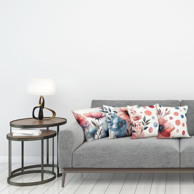 Ambesonne Floral Throw Pillow Cushion Cover Set of 4  Watercolor Design Blooming Bold Petals Leaves and Playful Dots Bicolour Print  Decorative Accent Double-Sided Printing  24""  Coral Slate Blue - Image 3