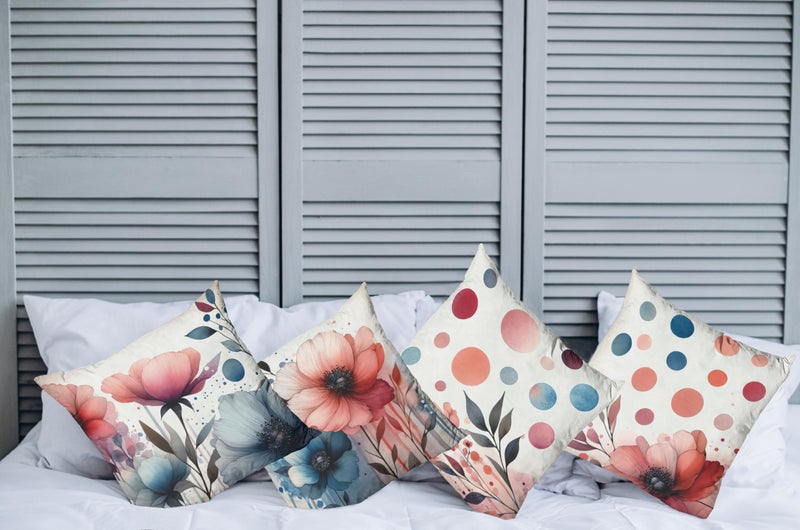 Ambesonne Floral Throw Pillow Cushion Cover Set of 4  Watercolor Design Blooming Bold Petals Leaves and Playful Dots Bicolour Print  Decorative Accent Double-Sided Printing  24""  Coral Slate Blue - Image 2