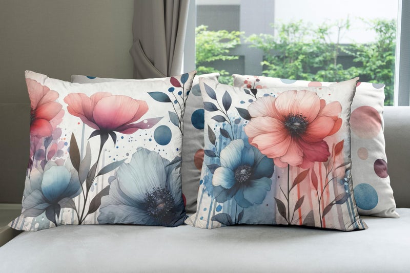 Ambesonne Floral Throw Pillow Cushion Cover Set of 4  Watercolor Design Blooming Bold Petals Leaves and Playful Dots Bicolour Print  Decorative Accent Double-Sided Printing  24""  Coral Slate Blue - Image 4