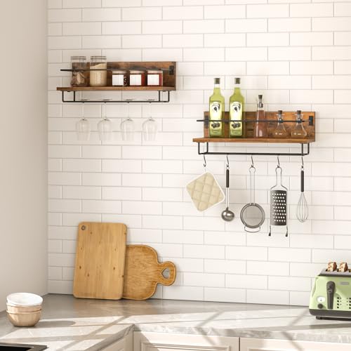 HOOBRO Wall Mounted Wine Rack 2 Pack, Wine Shelf Hanging Floating Wall Shelves, Wine Glass Bottle Rack Stemware Holder, for Living Room, Dining Room, Kitchen, Rustic Brown and Black BF28BJ01 - Image 4