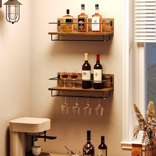 HOOBRO Wall Mounted Wine Rack 2 Pack, Wine Shelf Hanging Floating Wall Shelves, Wine Glass Bottle Rack Stemware Holder, for Living Room, Dining Room, Kitchen, Rustic Brown and Black BF28BJ01 - Image 1