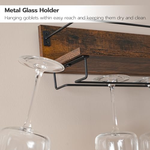 HOOBRO Wall Mounted Wine Rack 2 Pack, Wine Shelf Hanging Floating Wall Shelves, Wine Glass Bottle Rack Stemware Holder, for Living Room, Dining Room, Kitchen, Rustic Brown and Black BF28BJ01 - Image 5
