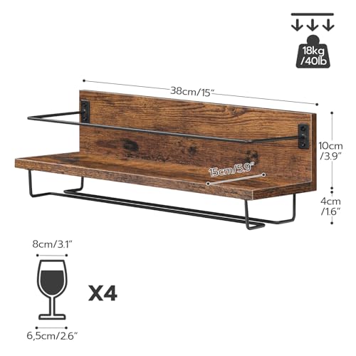 HOOBRO Wall Mounted Wine Rack 2 Pack, Wine Shelf Hanging Floating Wall Shelves, Wine Glass Bottle Rack Stemware Holder, for Living Room, Dining Room, Kitchen, Rustic Brown and Black BF28BJ01 - Image 3