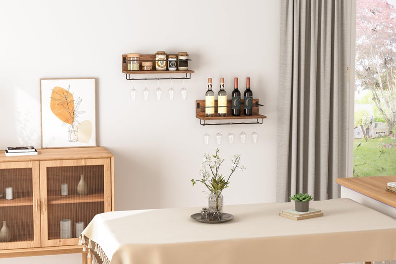 HOOBRO Wall Mounted Wine Rack 2 Pack, Wine Shelf Hanging Floating Wall Shelves, Wine Glass Bottle Rack Stemware Holder, for Living Room, Dining Room, Kitchen, Rustic Brown and Black BF28BJ01 - Image 2