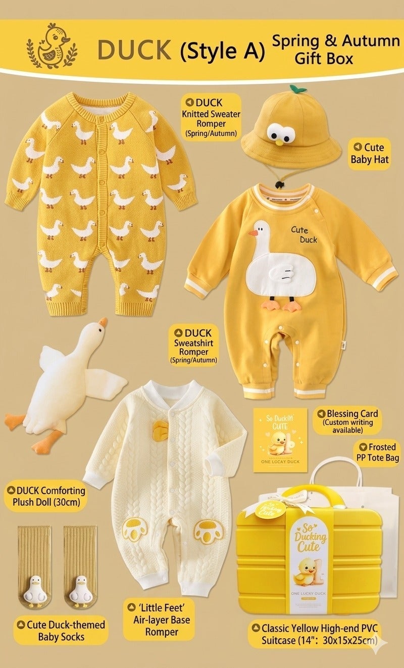 Premium Duck-Themed Baby Gift Set – 8-Piece Newborn Hamper with Travel Suitcase, Soft Cotton Outfits, Bucket Hat u0026 Plush Toy – Ideal 1st Birthday u0026 Baby Shower Gift for Boys u0026 Girls - Image 3