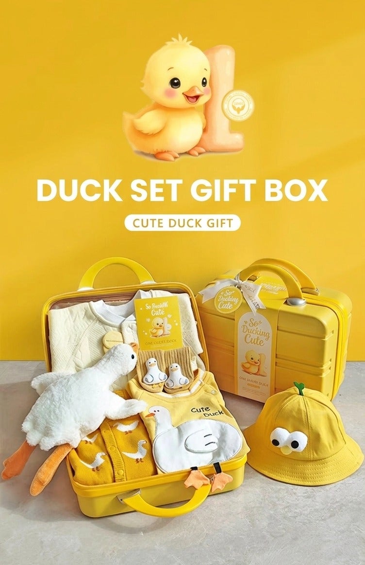 Premium Duck-Themed Baby Gift Set – 8-Piece Newborn Hamper with Travel Suitcase, Soft Cotton Outfits, Bucket Hat u0026 Plush Toy – Ideal 1st Birthday u0026 Baby Shower Gift for Boys u0026 Girls - Image 1