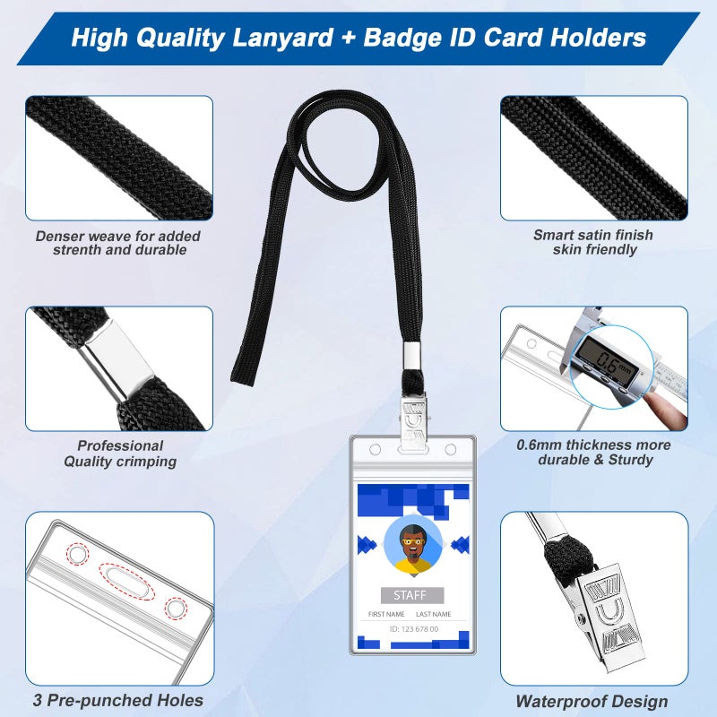 Maileto 100 Sets Lanyards for Id Badges and Clear Plastic Vertical Name Badge ID Card Holders, Flat Neck Lanyards with Clip Waterproof Resealable Name Tag Badge ID Card Holders, Black - Image 5
