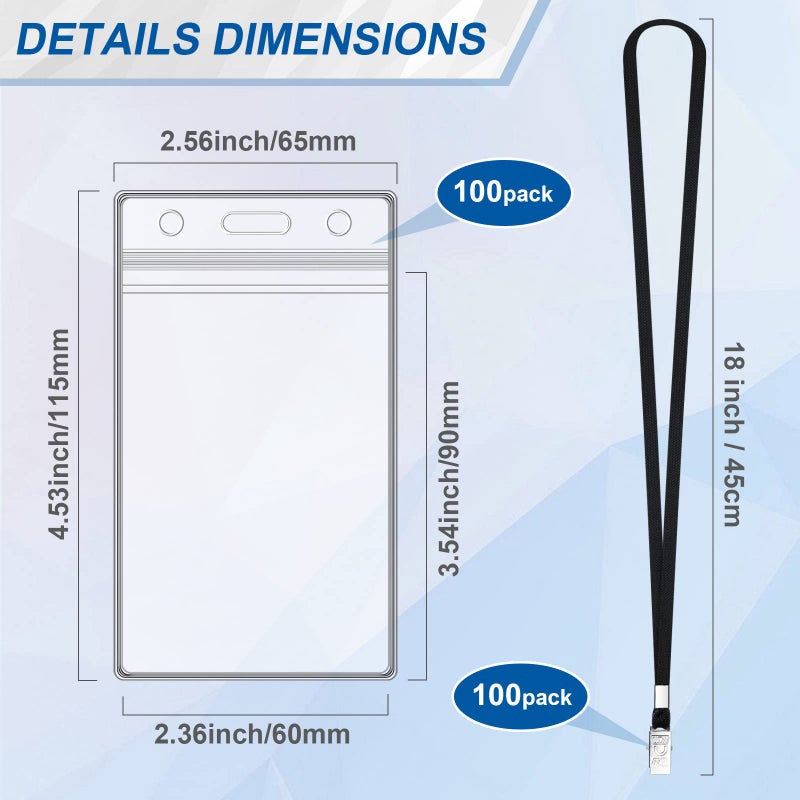 Maileto 100 Sets Lanyards for Id Badges and Clear Plastic Vertical Name Badge ID Card Holders, Flat Neck Lanyards with Clip Waterproof Resealable Name Tag Badge ID Card Holders, Black - Image 3