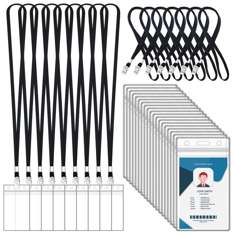 Maileto 100 Sets Lanyards for Id Badges and Clear Plastic Vertical Name Badge ID Card Holders, Flat Neck Lanyards with Clip Waterproof Resealable Name Tag Badge ID Card Holders, Black - Image 1