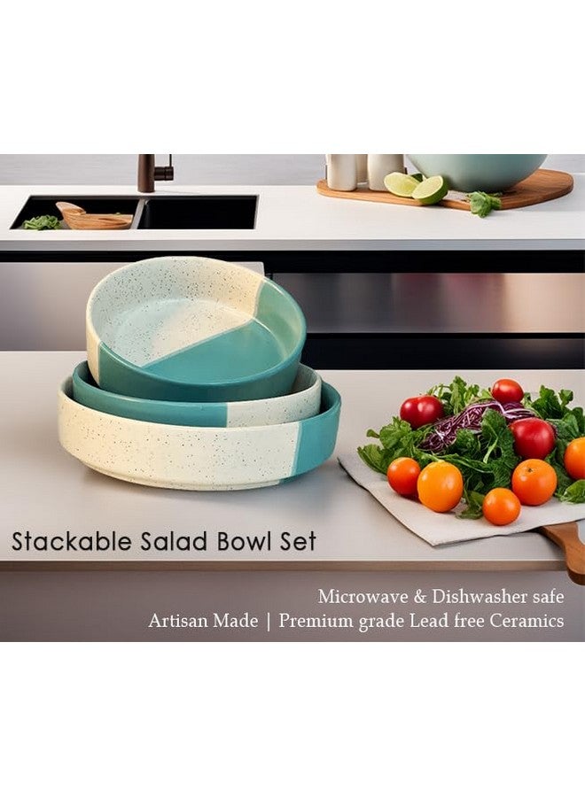 Praahi Lifestyle Premium Ceramic Salad Bowl- Serving Snacks Ceramic Plates - Set of 3- Stackable Sizes (5.5 inch, 6.5 inch, 7.5 inch), Dual Tone Blue & White | Best for Rakhi Gift, Kitchen and Home - Image 5