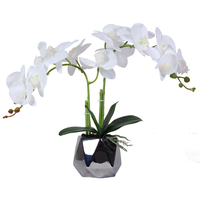 WW Artificial Orchid Plants  Flowers Arrangement in Ceramic Pot Fake Faux White Orchid with Silver Vase Realistic Phalaenopsis Orchids for Home Decor Indoor 15  17