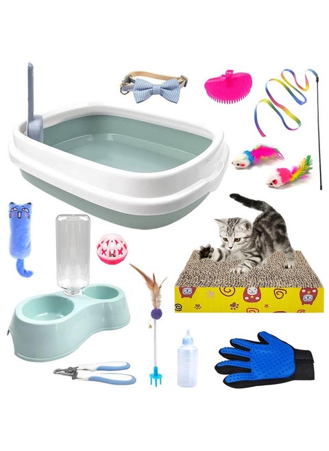Hlimior Kitten Starter Kit, 15 Piece Cat Essentials Set Includes Cat Litter Box,Cat Toys, Cat Collars，Cat Scratch Pad, cat Nail File，Automatic Cat Feed Bowls, Pet Grooming Gloves for Cats Daily Life